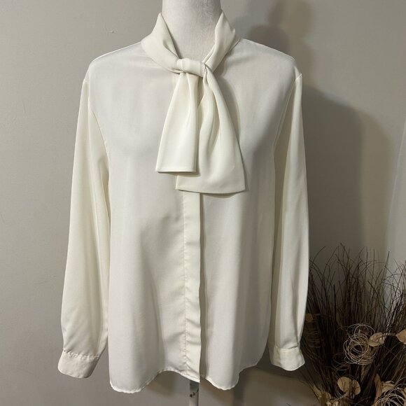 Vtg HABERDASHERY By Leslie Fay Tie Neck Button Up Blouse Ivory Semi Sheer Sz 12 - Picture 1 of 6